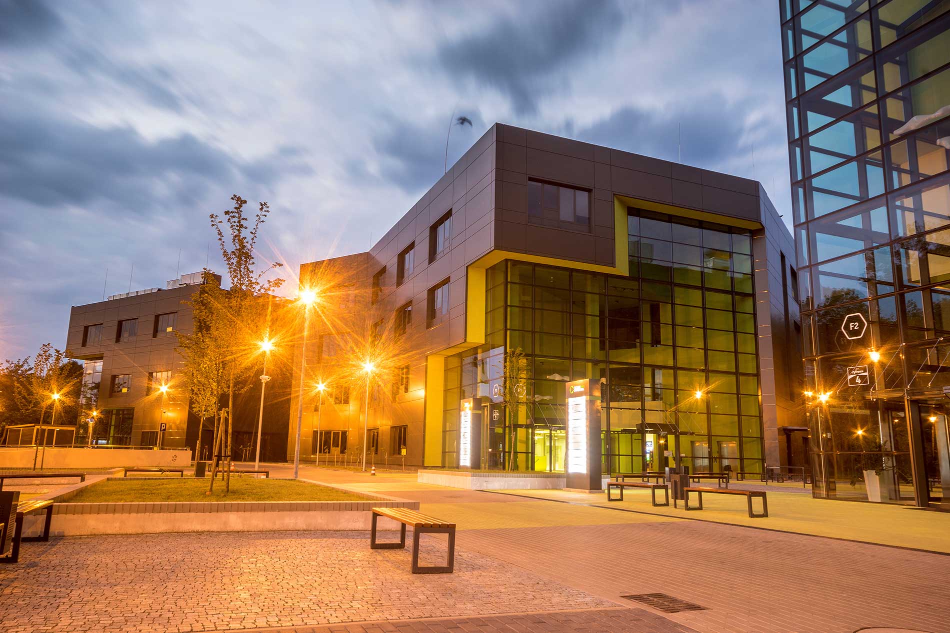 outside office buildings at night doing security