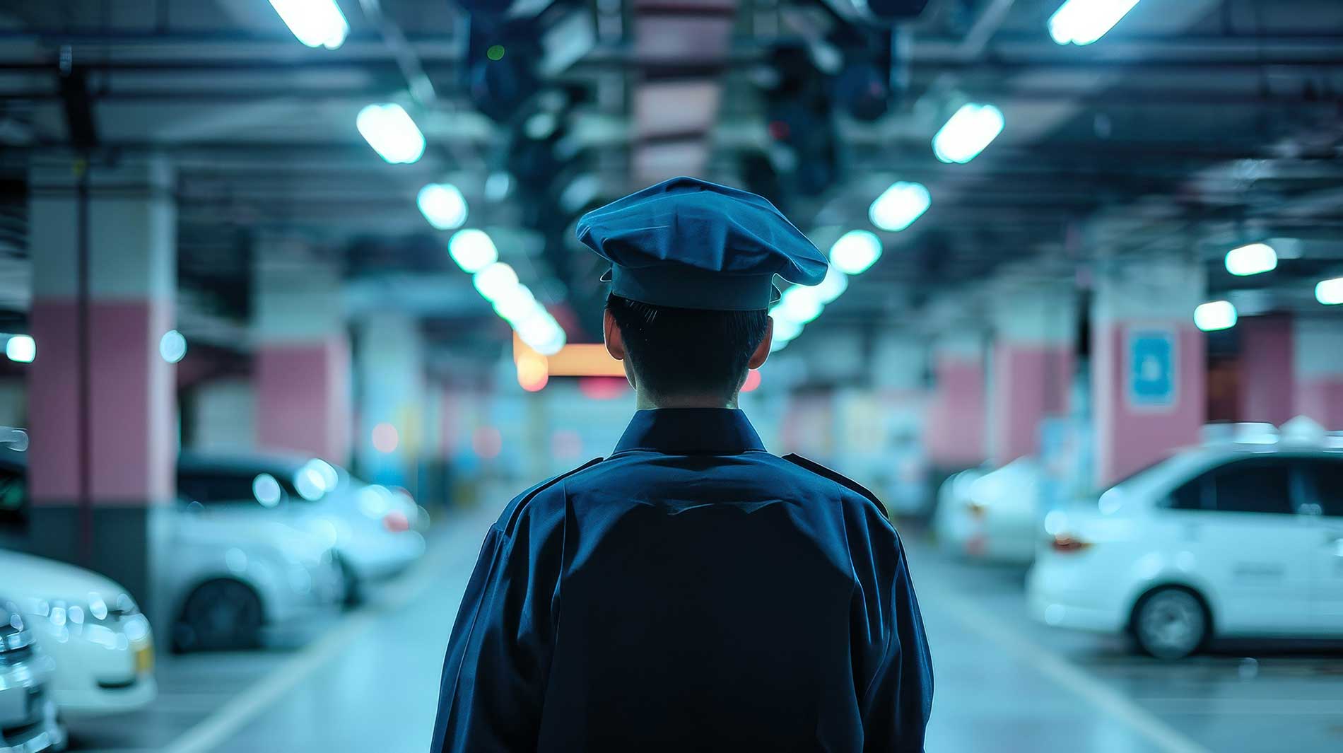 security looking over the parking lot of cars